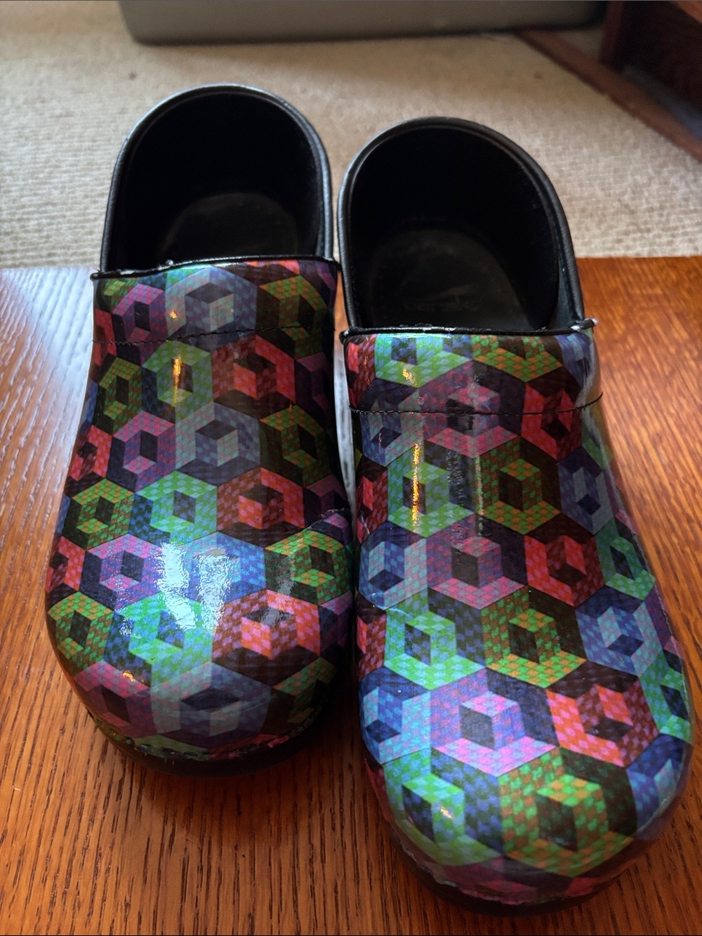 DANSKO CLOGS Muti-color 3-D pixels, geometric design. Size 40